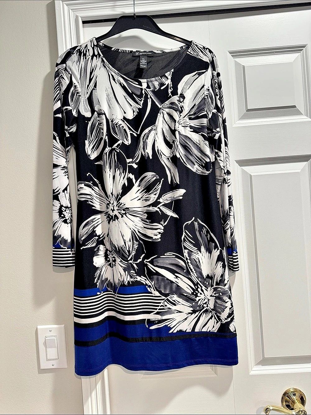 INC International Concepts Floral Long Sleeve Dress in Black & Blue Size Large